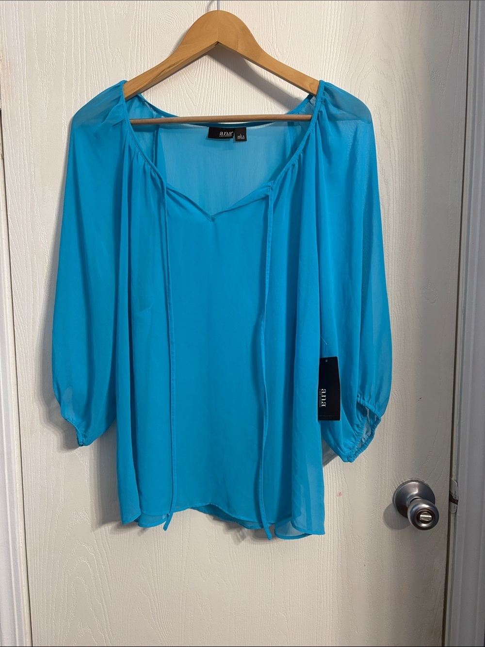 a.n.a Turquoise Tie-Neck Sheer Blouse